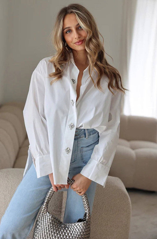 White Cotton Shirt with Diamanté Detail