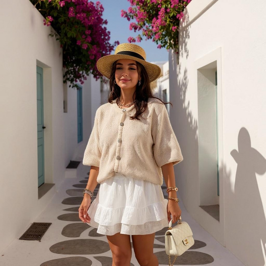 Cropped Sleeve Beige Cardigan