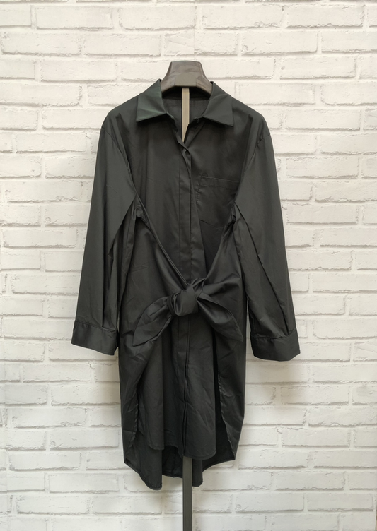 Charcoal Tie Front Cotton Long Shirt