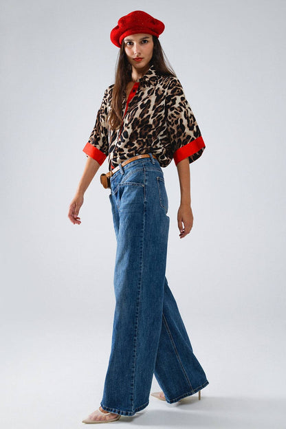 Leopard 3/4 Sleeves Shirt WIth Red Detail