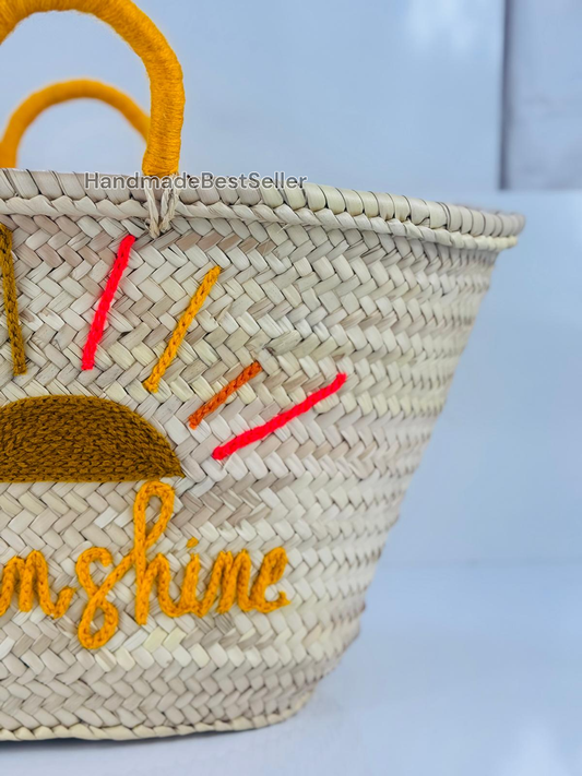 Handmade Straw Basket with Sunshine Embroidery