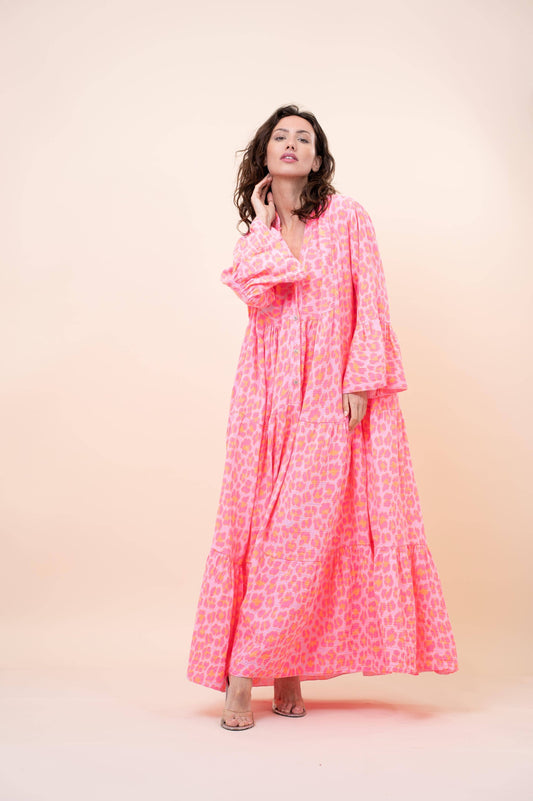 Pink Leopard Cotton Long Dress