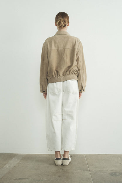 Cream Barrel Jeans with Stitch Detail and Elastic Back Waist