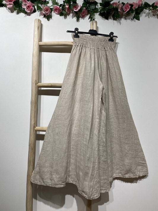 Natural Linen Palazzo Trousers with Elasticated Waist