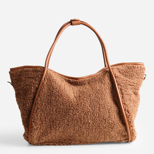 Camel Faux Sheepskin Shoulder Tote Bag