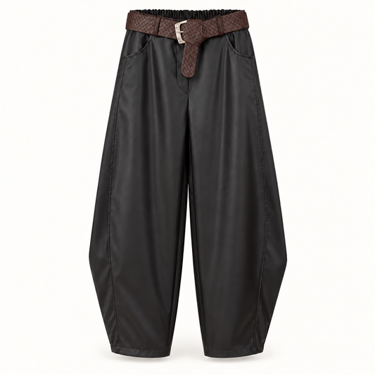 Black Faux Leather Cocoon Trousers With Belt