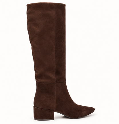 A single dark brown suede knee-high boot with a low block heel and pointed toe, shown from a side profile on a white background.