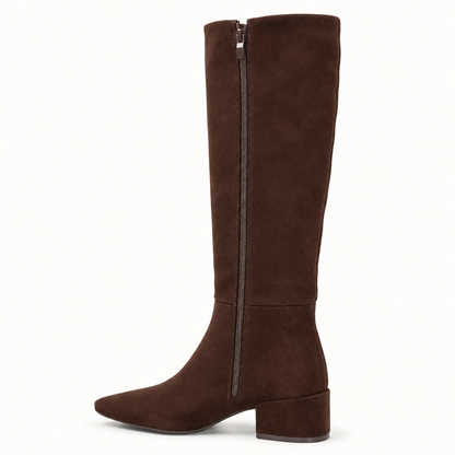 Brown knee-high boot with a strap on a white background