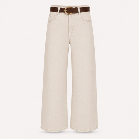 Cream Denim Cropped Stretch Jeans with Belt