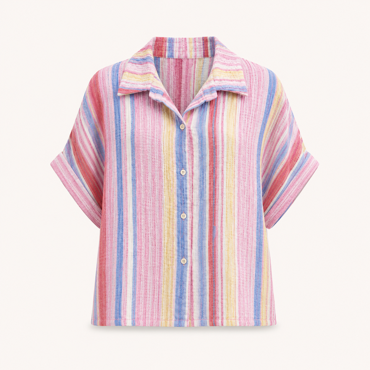 Pink Stripe Cotton Short Sleeve Shirt