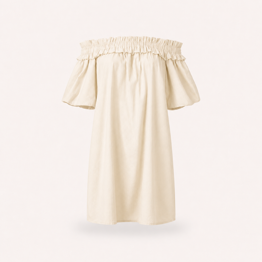 Cream Gathered On/Off Shoulder Linen Dress