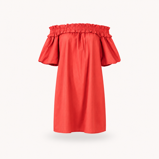 Orange Gathered On/Off Shoulder Linen Dress