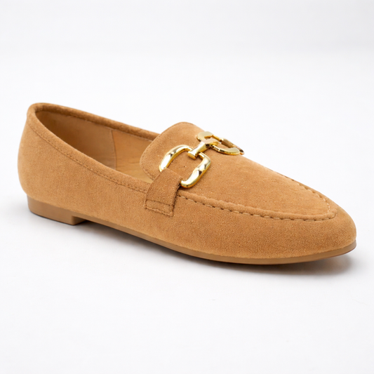 Beige Suedette Loafer with Pale Gold Trim
