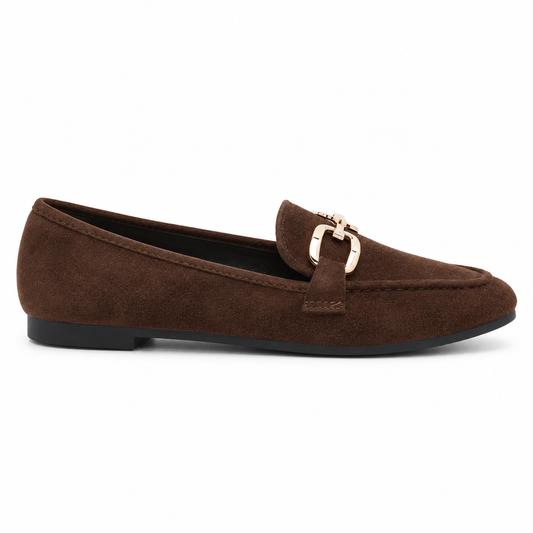 Brown Suedette Comfort Sole Loafer with Pale Gold Trim