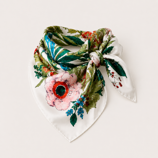 Cream Floral Print Silk Scarf