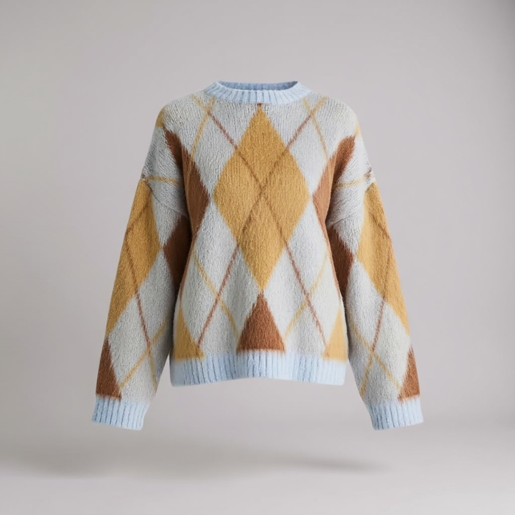 Blue Argyle Knit Round Neck Jumper