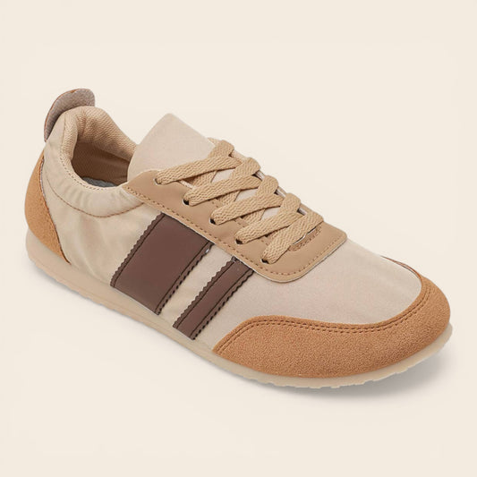 Feather & Sole beige low profile trainers with brown stripes and suedette accents, ideal for casual wear.