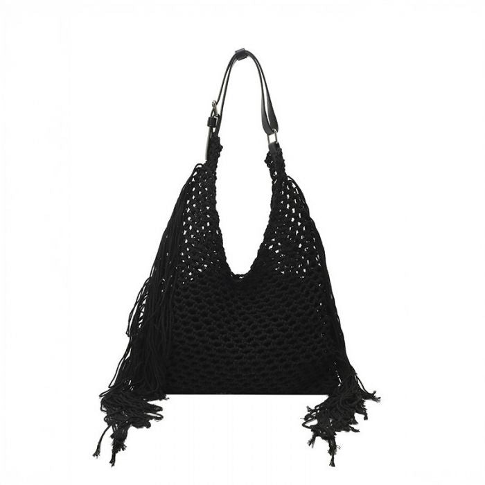 Black Straw Tassel Hobo with Inside Pouch