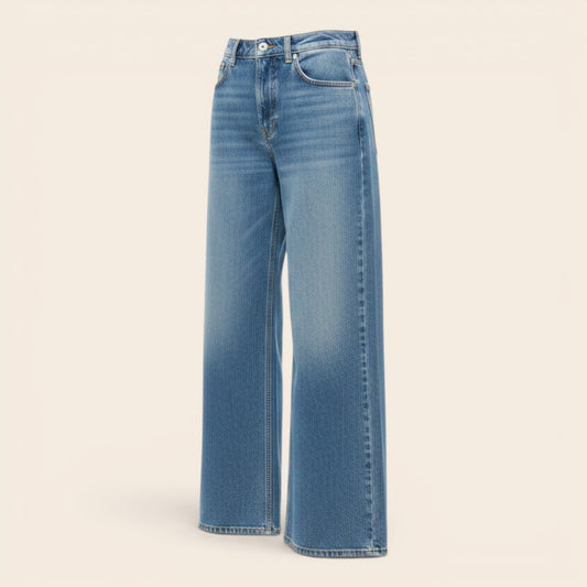 Feather & Sole Lydie high-waisted palazzo jeans in light wash denim with braided pocket details.