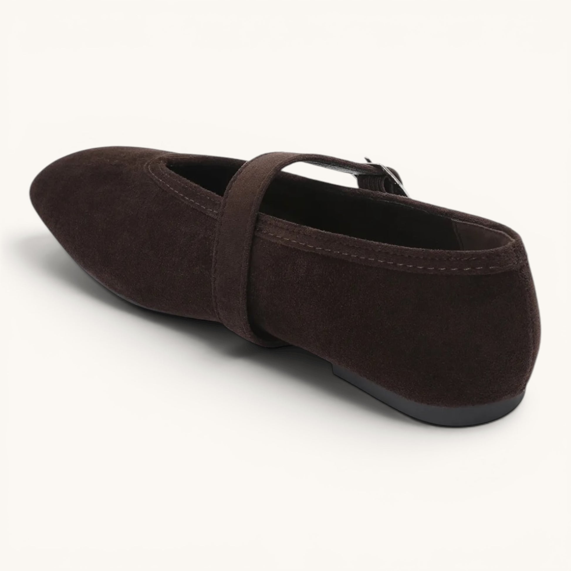 Feather & Sole brown faux suede ballerina flat, side view showing the flexible sole.