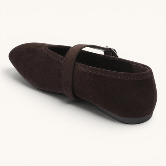 Feather & Sole brown faux suede ballerina flat, side view showing the flexible sole.