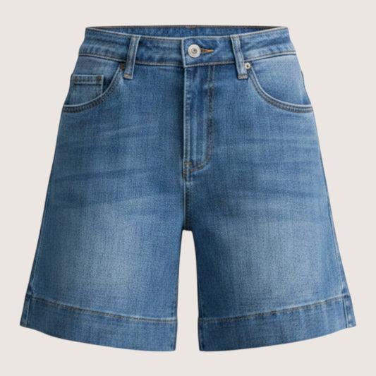 Feather & Sole blue stretch denim mid-thigh shorts with zip and button closure, high-waisted.