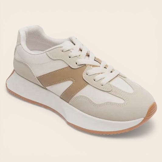 Feather & Sole neutral mix lace-up trainers with white canvas and tan leather accents, featuring a thick white sole and gum rubber outsole.