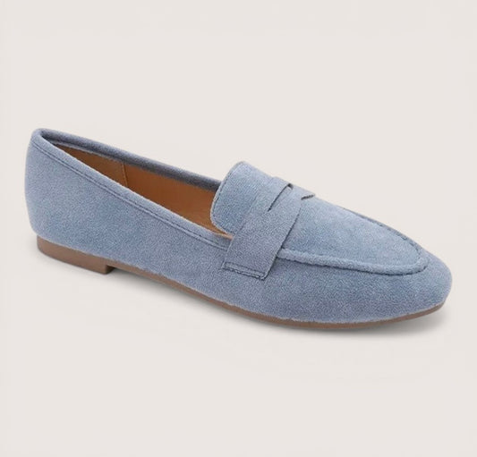 Feather & Sole pale blue suedette loafers with strap detail and durable sole. Comfortable slip-on shoes.