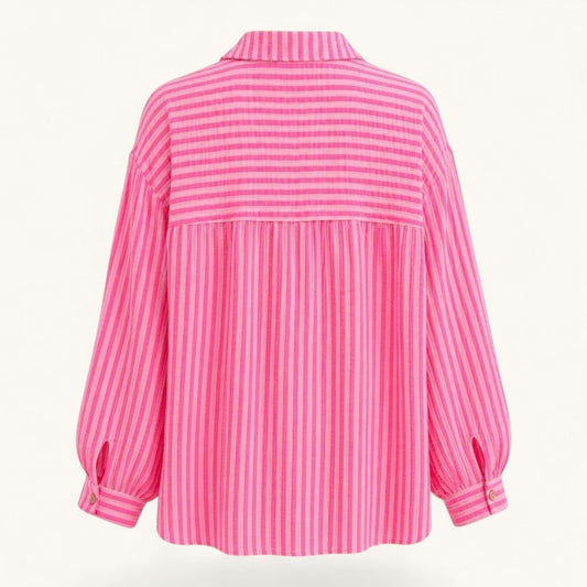 Feather & Sole pink striped long sleeve button down shirt with a relaxed fit and textured fabric, back view.