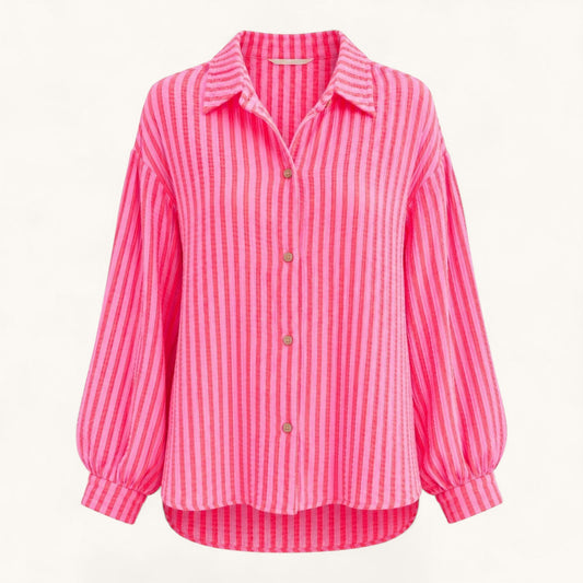 Feather & Sole pink striped long sleeve button down shirt with voluminous sleeves and a classic collar.