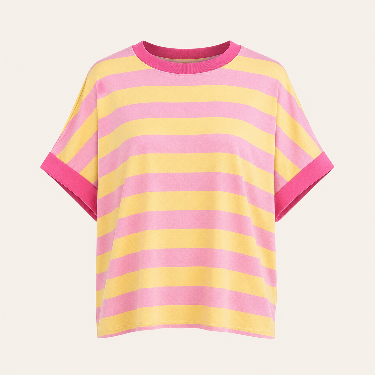 Feather & Sole pink and yellow striped short sleeve t-shirt with pink trim.