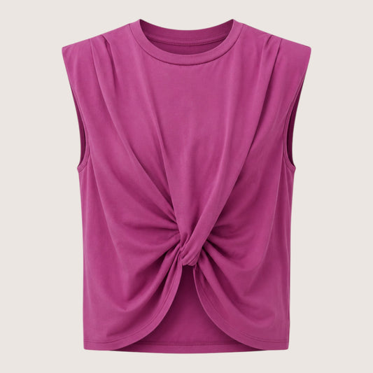 Feather & Sole magenta sleeveless t-shirt with shoulder pads and a knotted front detail, made from soft jersey fabric.