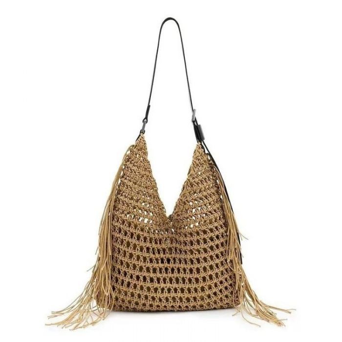 Tan Straw Tassel Hobo with Inside Pouch