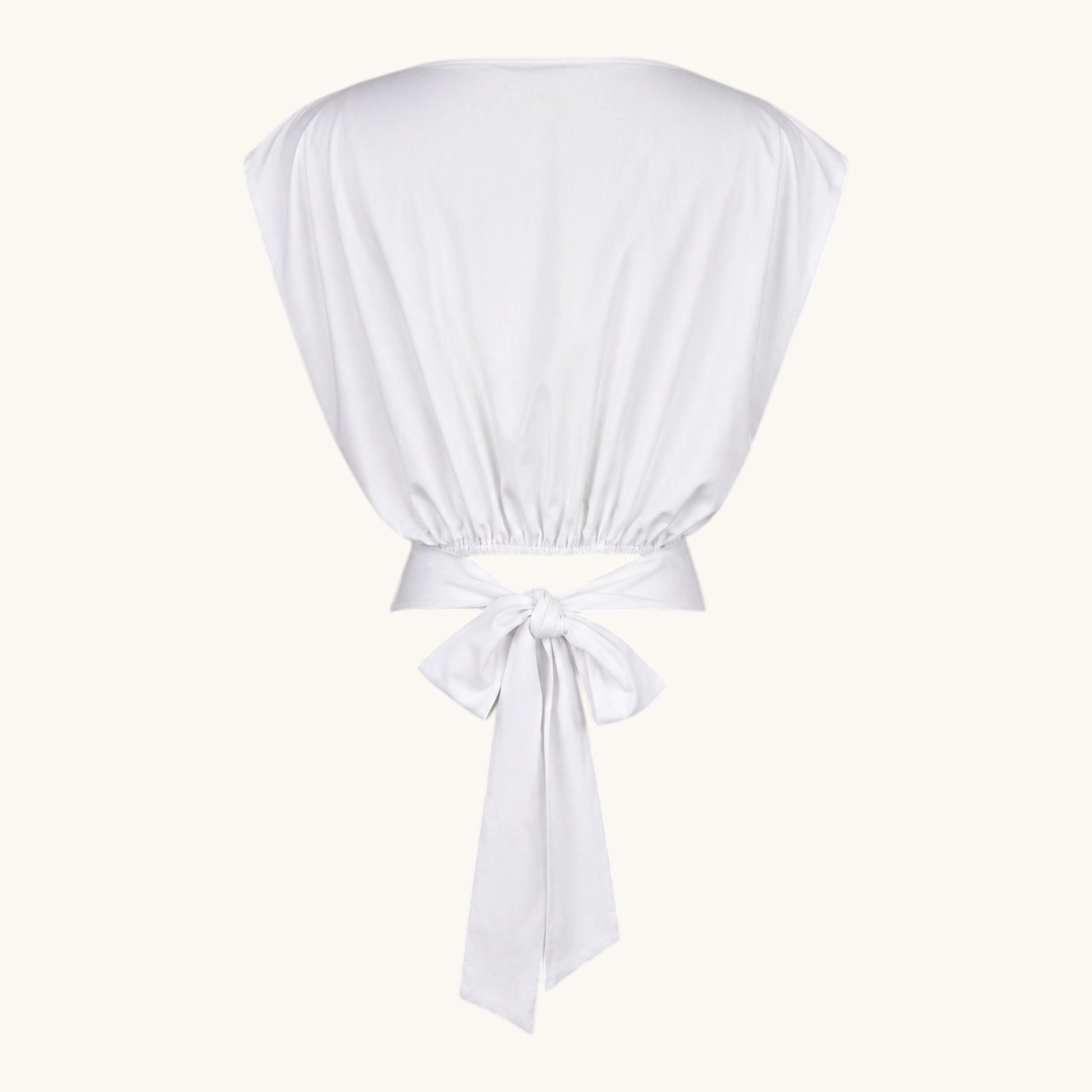 Feather & Sole white polyester-elastane t-shirt with tie-back detail and pleated shoulders.