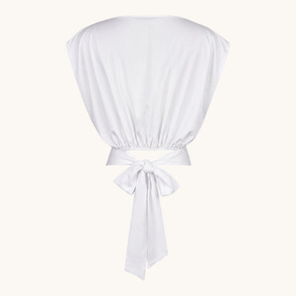 Feather & Sole white polyester-elastane t-shirt with tie-back detail and pleated shoulders.