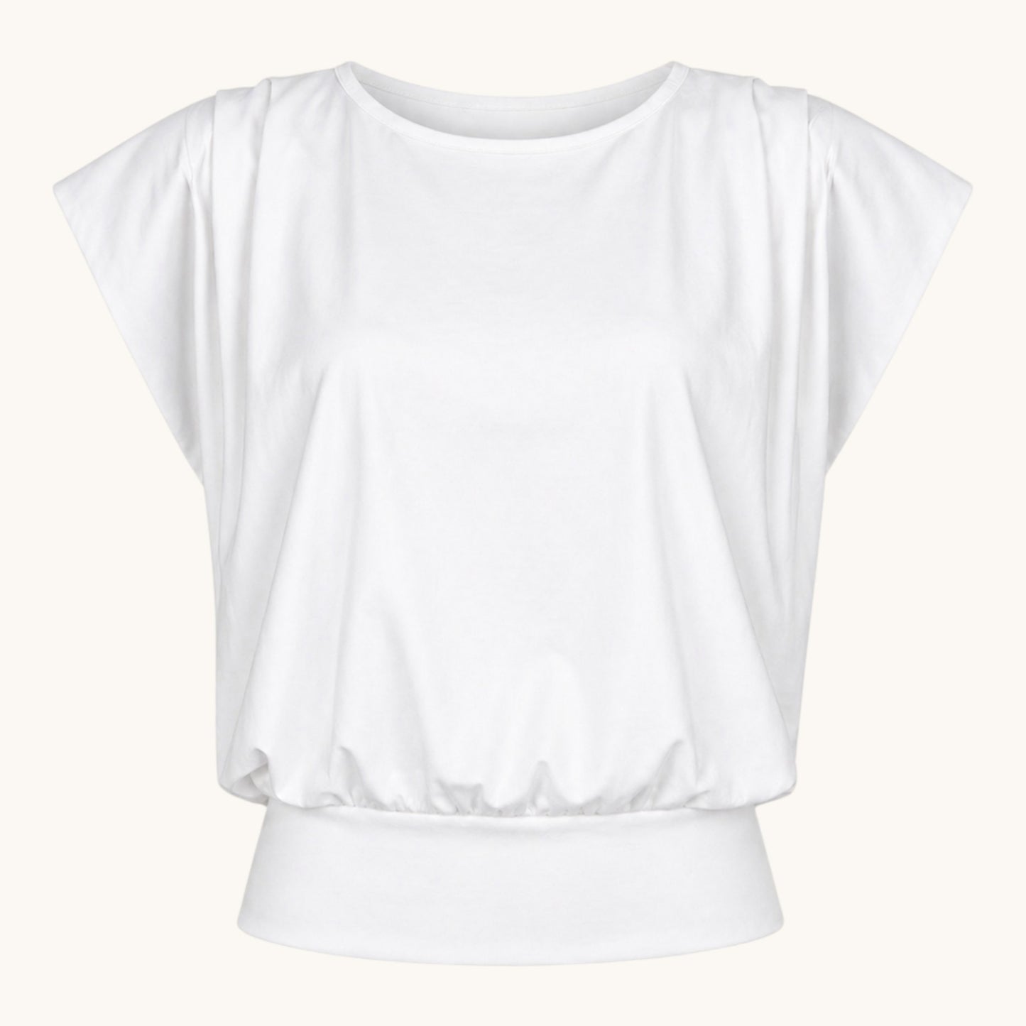 Feather & Sole white t-shirt with pleated shoulders and elasticated hem. Polyester-elastane blend.