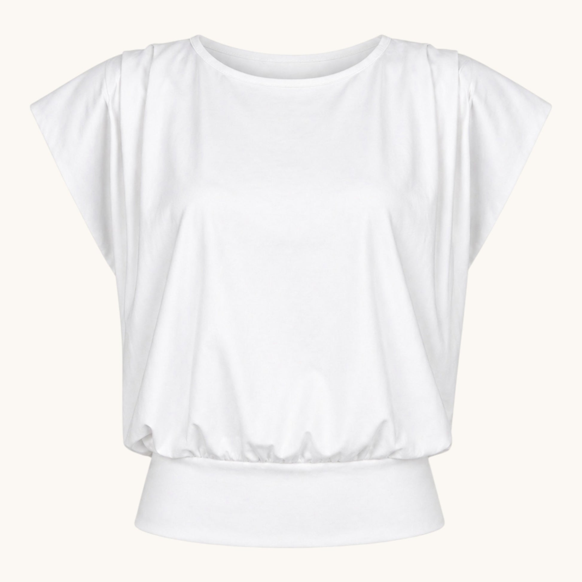 Feather & Sole white t-shirt with pleated shoulders and elasticated hem. Polyester-elastane blend.