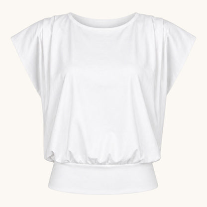 Feather & Sole white t-shirt with pleated shoulders and elasticated hem. Polyester-elastane blend.