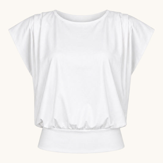 Feather & Sole white t-shirt with pleated shoulders and elasticated hem. Polyester-elastane blend.