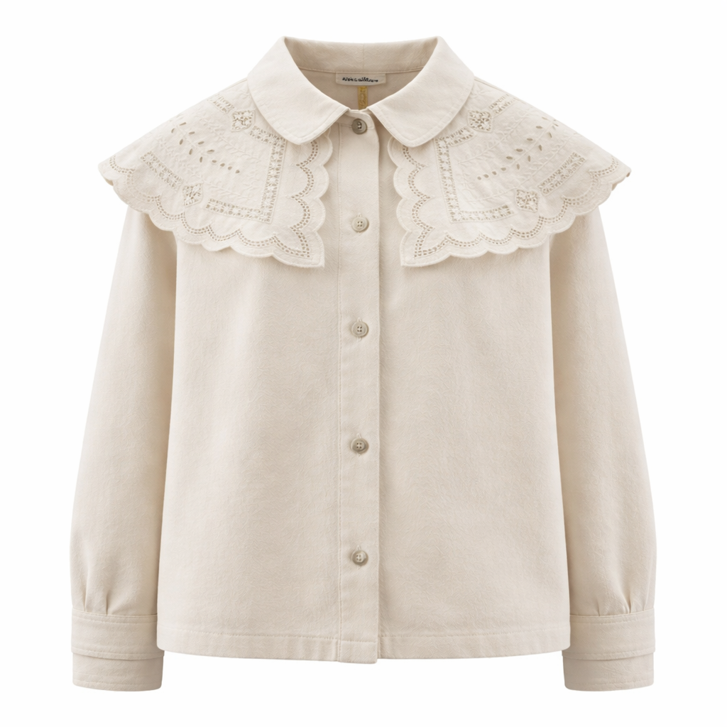 Feather & Sole off-white denim cape jacket with oversized embroidered collar and scalloped edges.