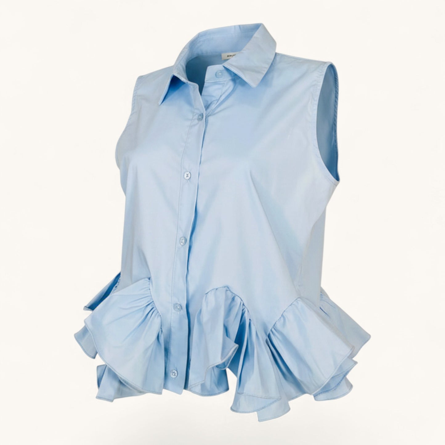 Blue Cotton Wavy Hem Sleeveless Shirt