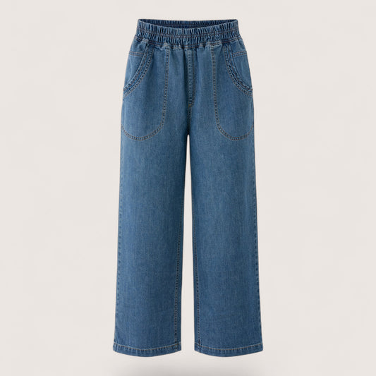Mid Blue Denim Elastic Waist Cropped Jeans