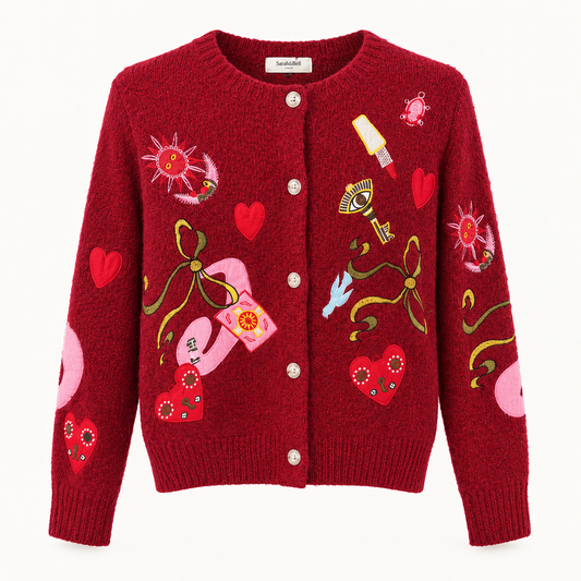 Dark Red Embroidered Patchwork Cardi