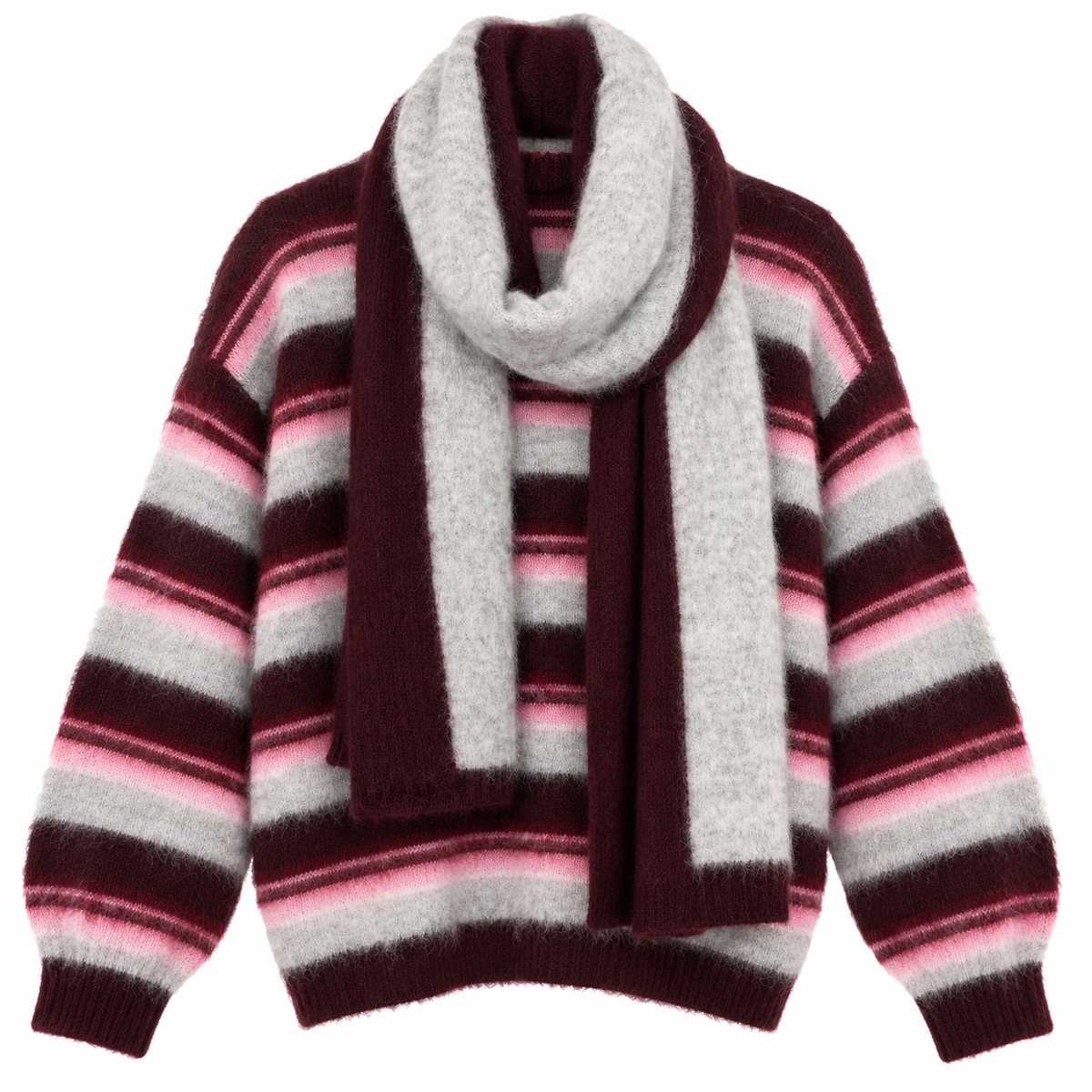 Burgundy/Pink/Grey Fluffy Jumper with Scarf