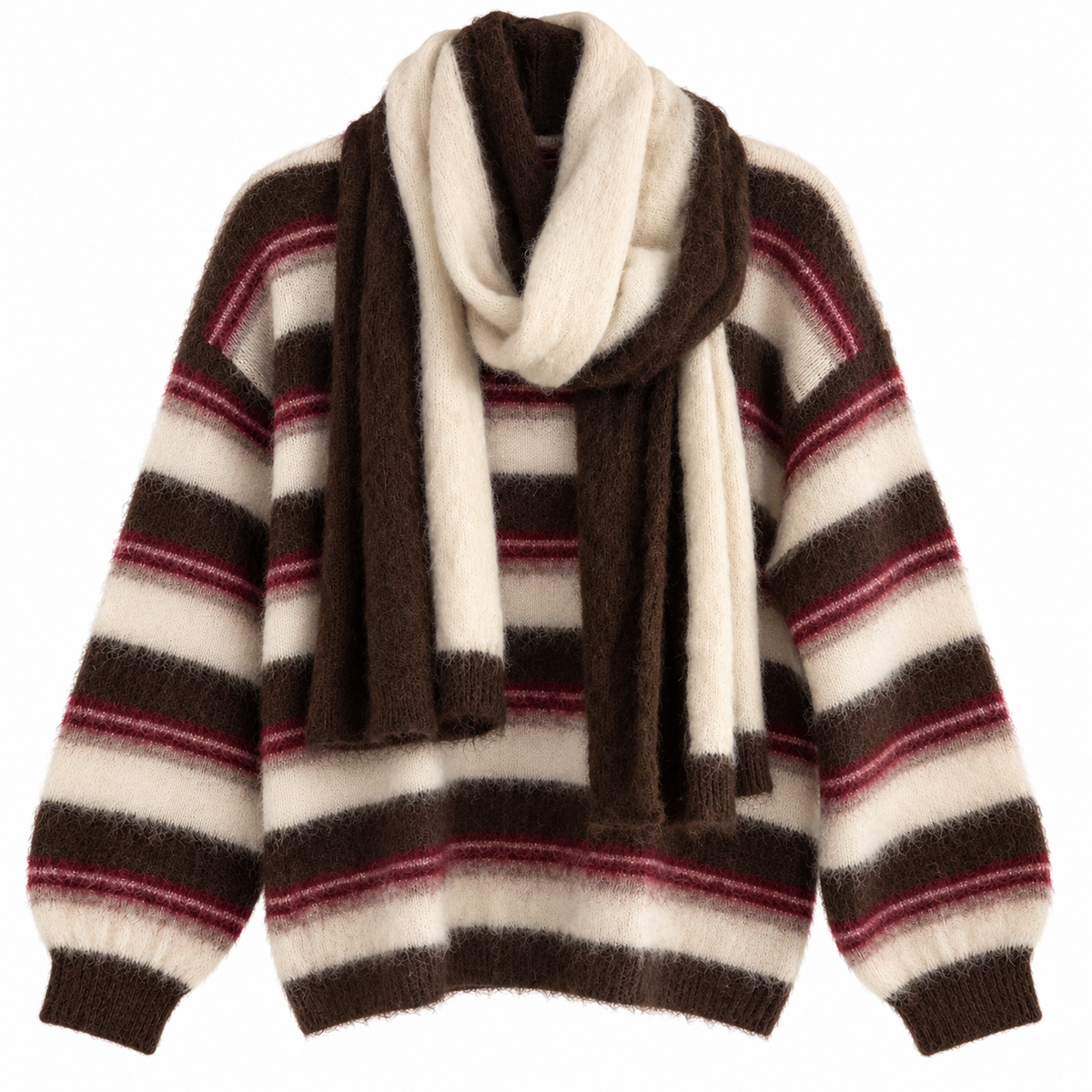 Brown/Burgundy/Cream Fluffy Jumper with Scarf