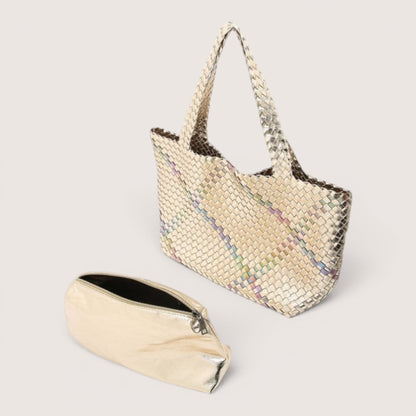 Large Gold Metallic Woven Tote with Removable Clutch Bag