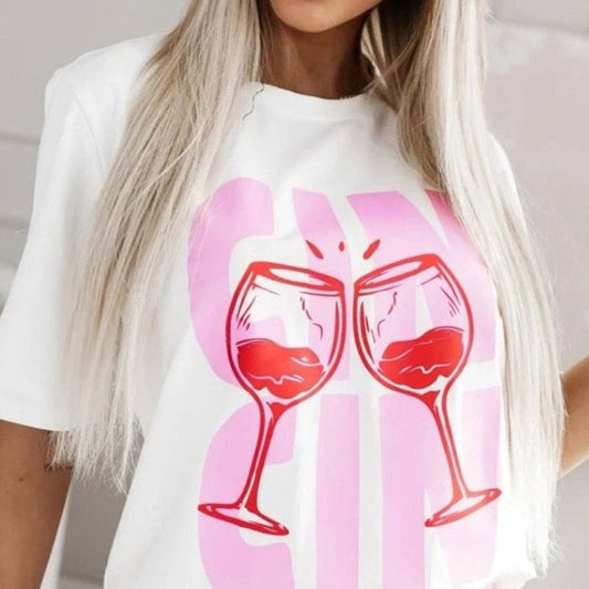 'Cin Cin' Graphic Print T-Shirt White/Pink