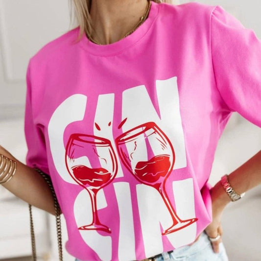 'Cin Cin' Graphic Print T-Shirt Pink