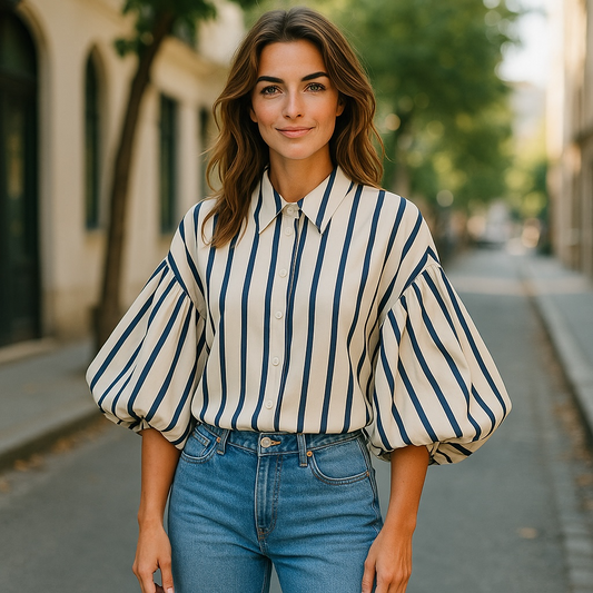 Navy Sleeve Detail Stripe Shirt