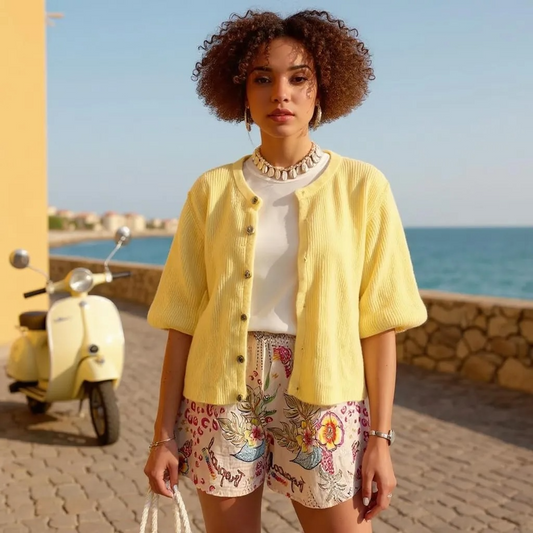 Cropped Sleeve Yellow Cardigan